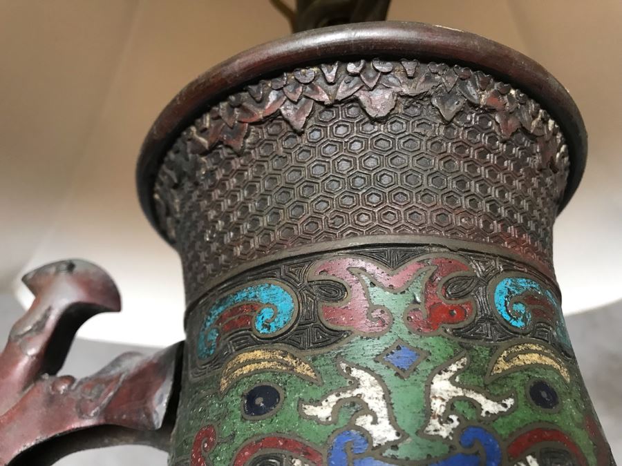 Large Antique Chinese Bronze With Cloisonne Vase Converted To Table Lamp - Missing One Handle 19W X 36H - See Photos [Photo 42]