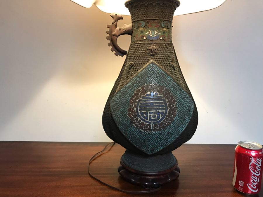 Large Antique Chinese Bronze With Cloisonne Vase Converted To Table Lamp - Missing One Handle 19W X 36H - See Photos [Photo 21]