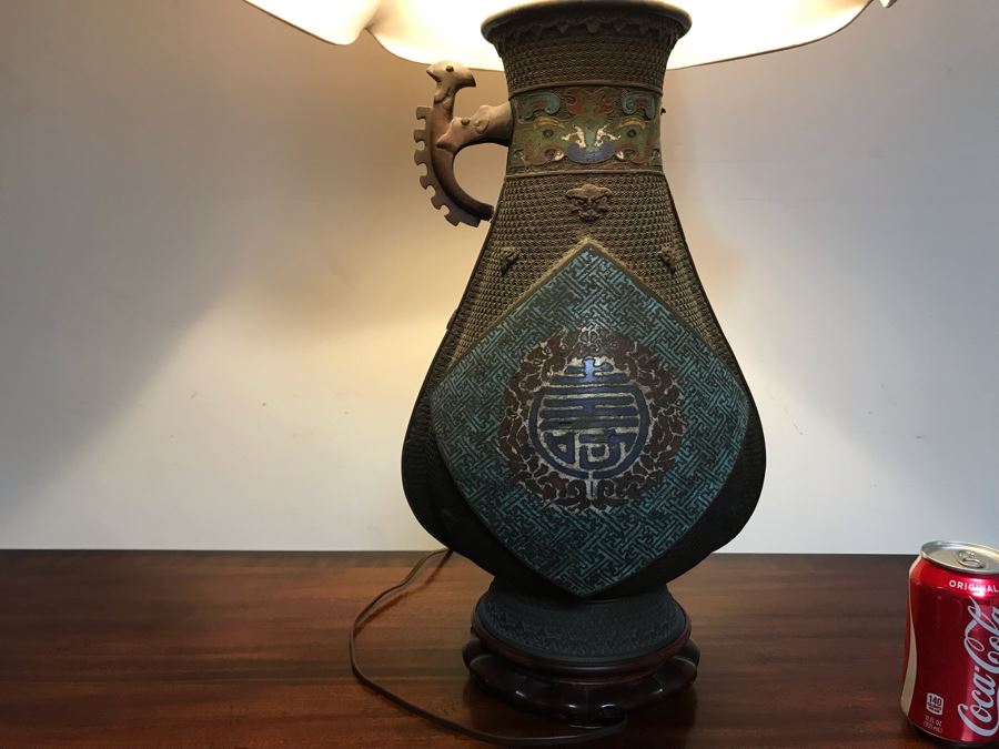Large Antique Chinese Bronze With Cloisonne Vase Converted To Table Lamp - Missing One Handle 19W X 36H - See Photos [Photo 20]