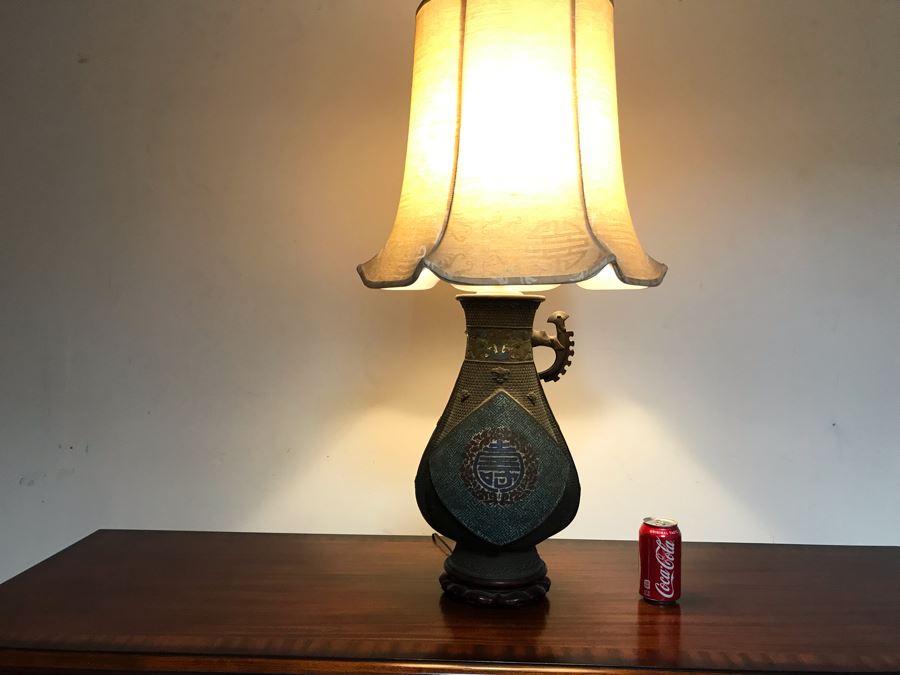 Large Antique Chinese Bronze With Cloisonne Vase Converted To Table Lamp - Missing One Handle 19W X 36H - See Photos [Photo 4]