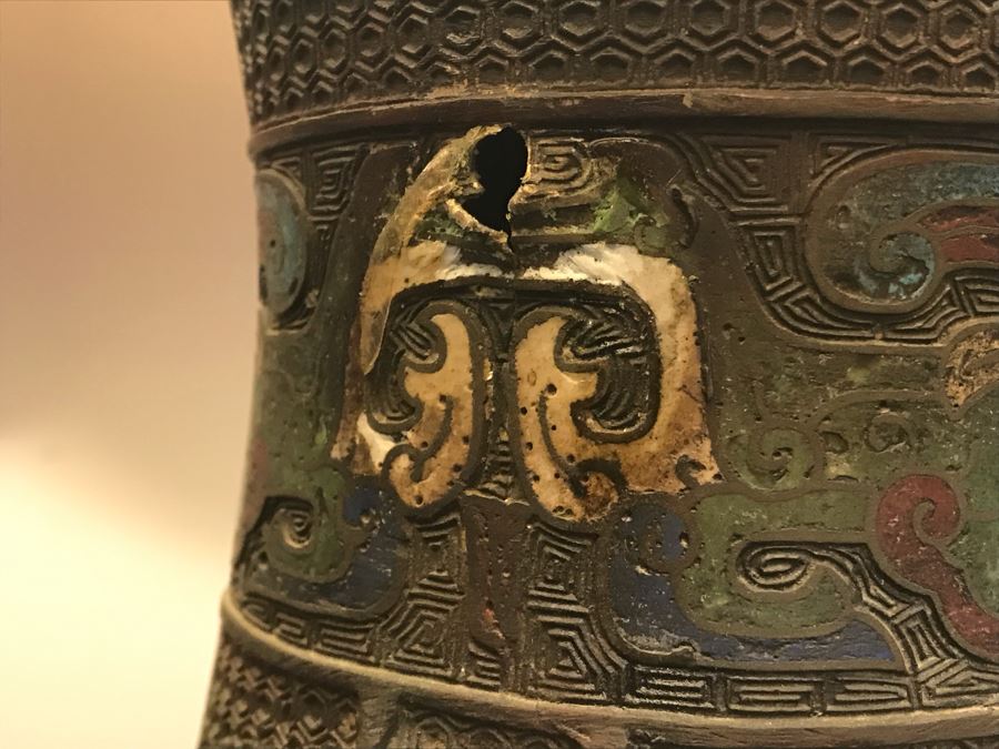 Large Antique Chinese Bronze With Cloisonne Vase Converted To Table Lamp - Missing One Handle 19W X 36H - See Photos [Photo 16]