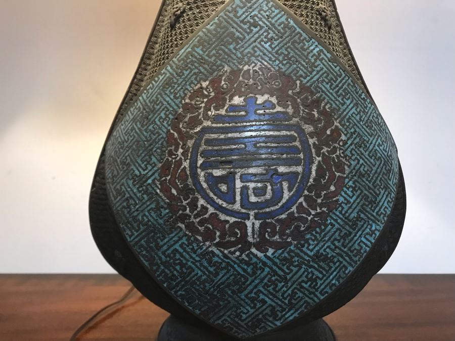 Large Antique Chinese Bronze With Cloisonne Vase Converted To Table Lamp - Missing One Handle 19W X 36H - See Photos [Photo 23]