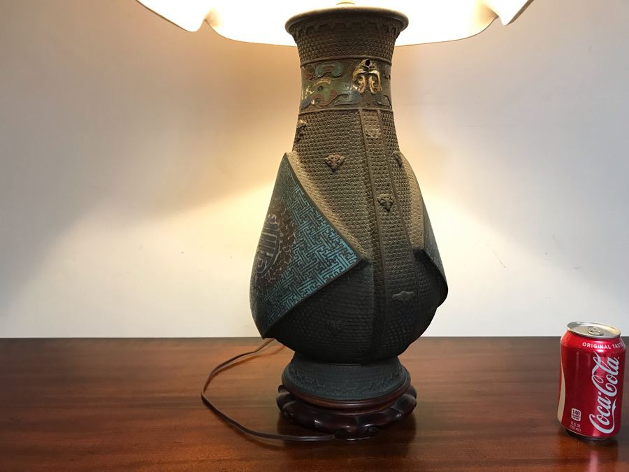 Large Antique Chinese Bronze With Cloisonne Vase Converted To Table Lamp - Missing One Handle 19W X 36H - See Photos [Photo 34]