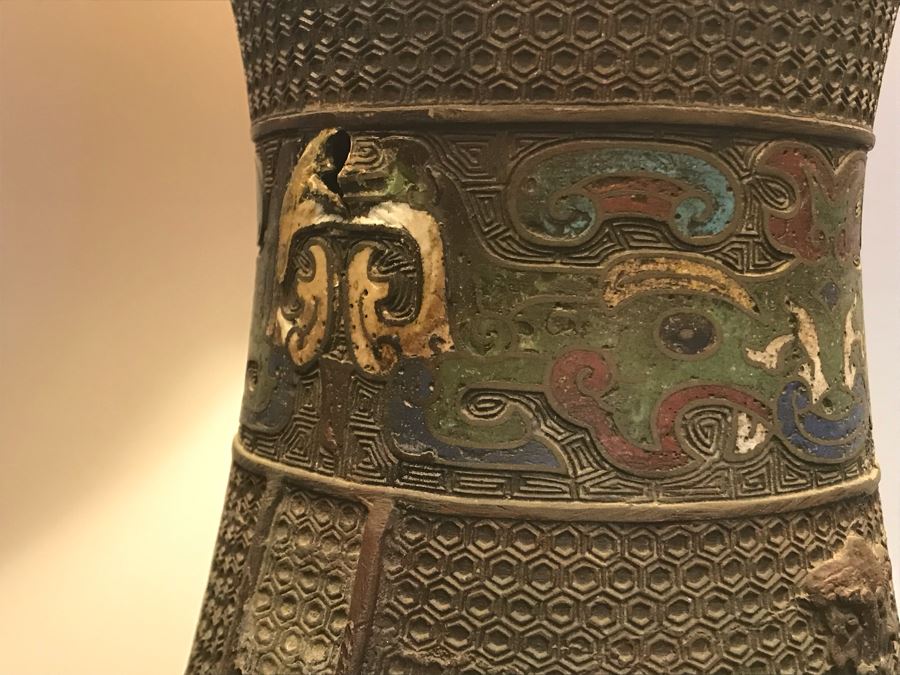 Large Antique Chinese Bronze With Cloisonne Vase Converted To Table Lamp - Missing One Handle 19W X 36H - See Photos [Photo 15]