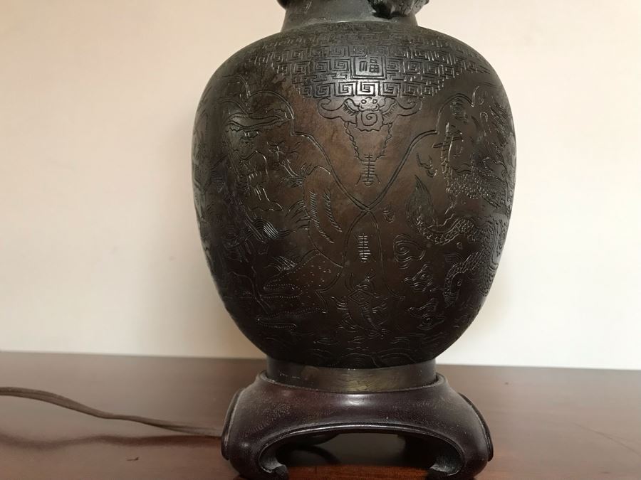 Vintage Bronze Asian Dragon Serpent Vase Lamp - See Photos For Crack / Dent On One Side 24H [Photo 11]