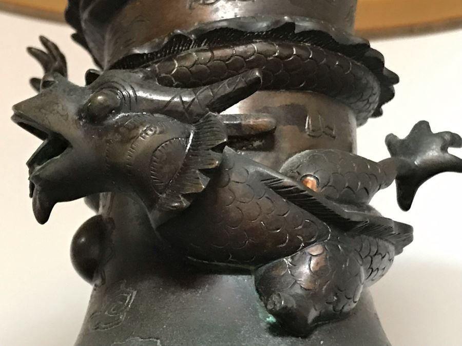 Vintage Bronze Asian Dragon Serpent Vase Lamp - See Photos For Crack / Dent On One Side 24H [Photo 16]