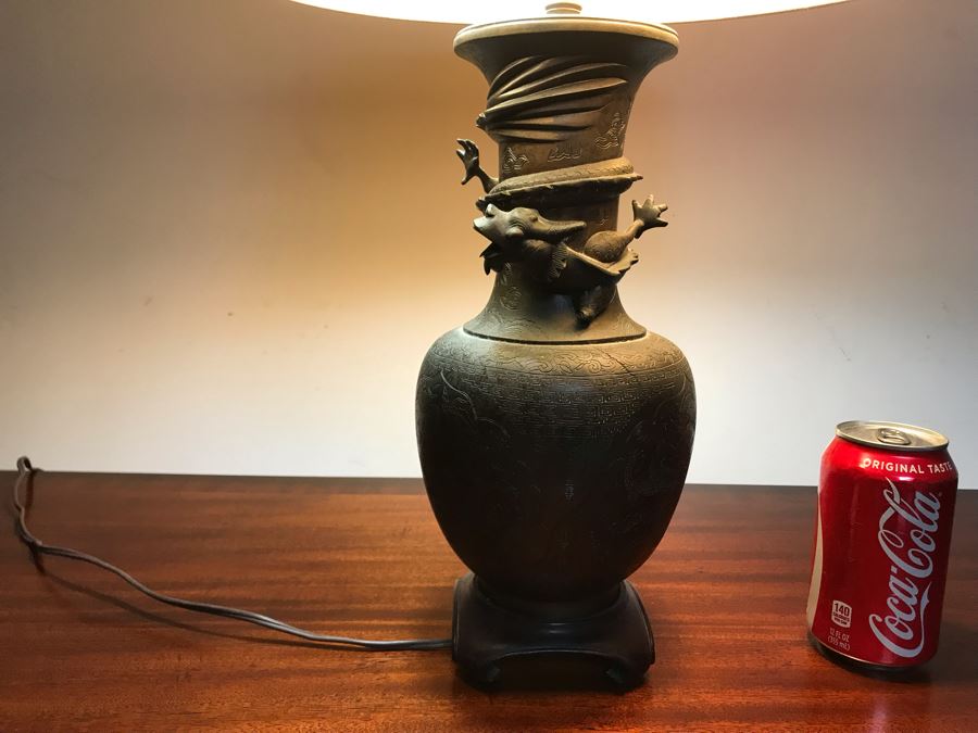 Vintage Bronze Asian Dragon Serpent Vase Lamp - See Photos For Crack / Dent On One Side 24H [Photo 3]