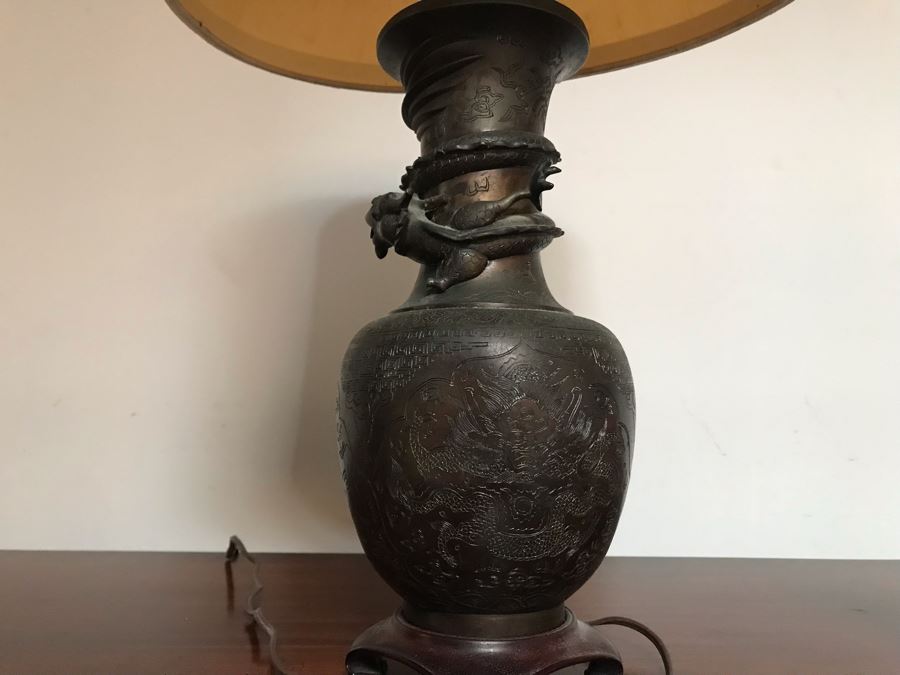 Vintage Bronze Asian Dragon Serpent Vase Lamp - See Photos For Crack / Dent On One Side 24H [Photo 31]
