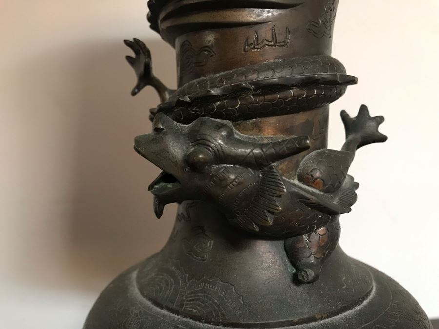 Vintage Bronze Asian Dragon Serpent Vase Lamp - See Photos For Crack / Dent On One Side 24H [Photo 5]