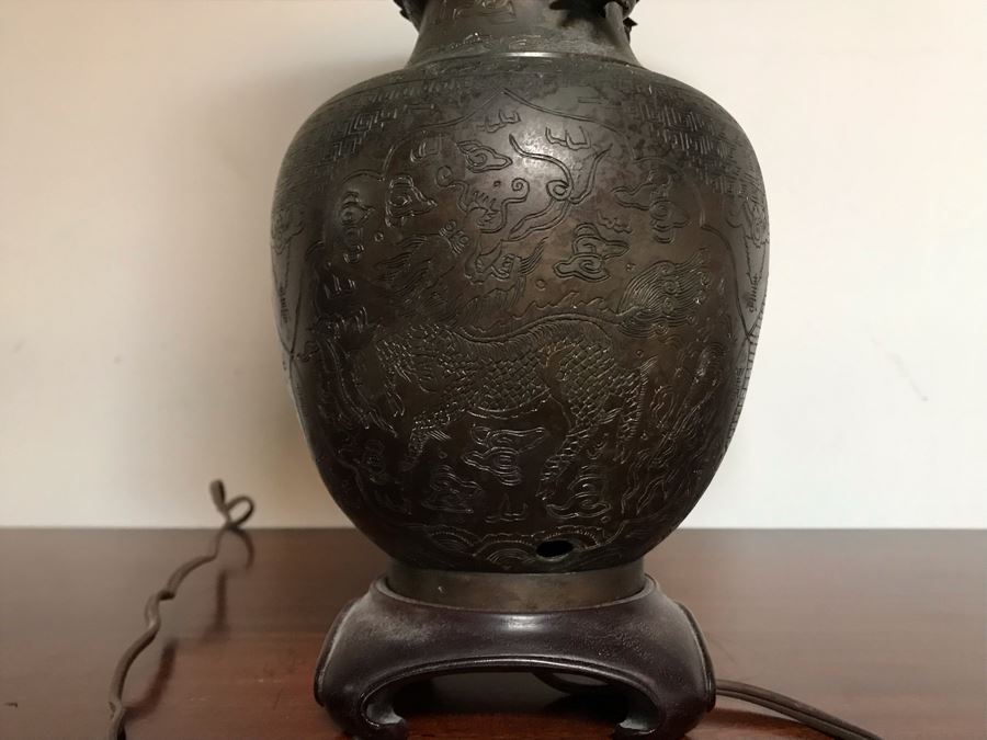 Vintage Bronze Asian Dragon Serpent Vase Lamp - See Photos For Crack / Dent On One Side 24H [Photo 25]