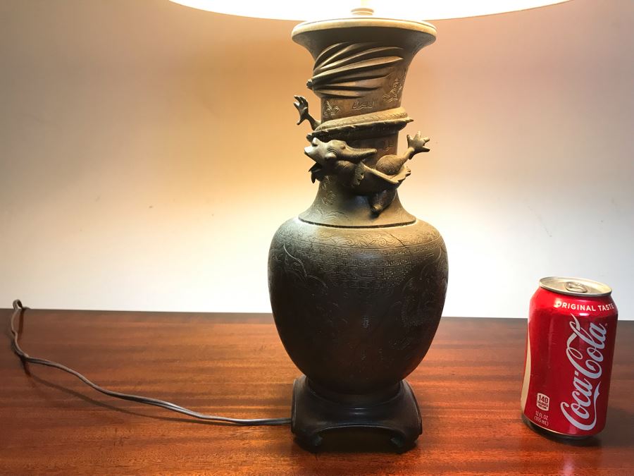 Vintage Bronze Asian Dragon Serpent Vase Lamp - See Photos For Crack / Dent On One Side 24H [Photo 4]