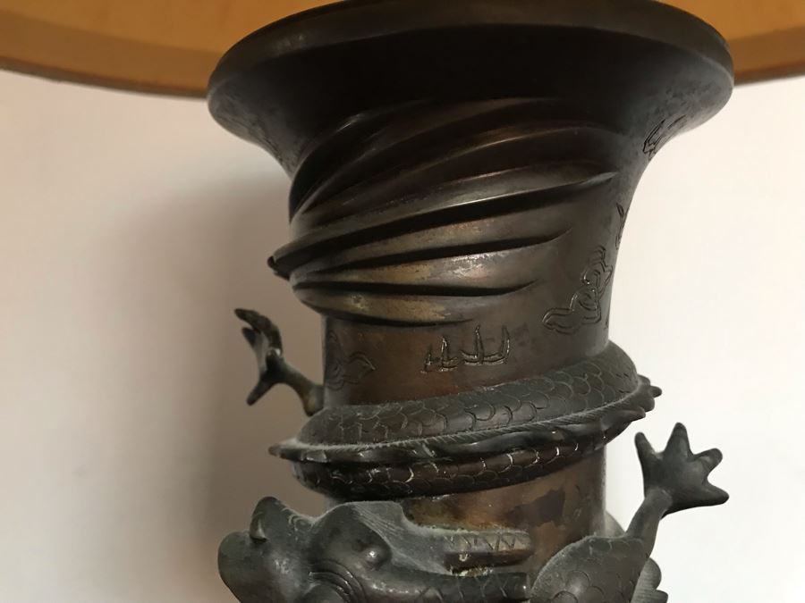 Vintage Bronze Asian Dragon Serpent Vase Lamp - See Photos For Crack / Dent On One Side 24H [Photo 7]