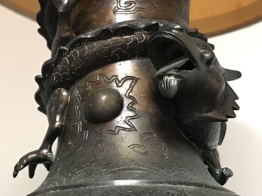 Vintage Bronze Asian Dragon Serpent Vase Lamp - See Photos For Crack / Dent On One Side 24H [Photo 24]