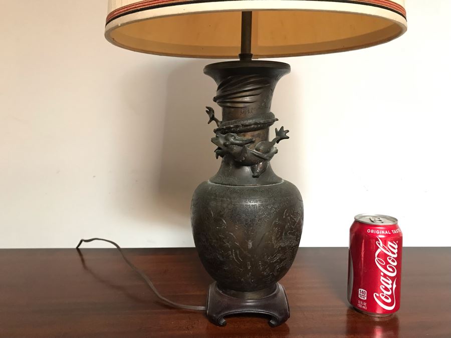 Vintage Bronze Asian Dragon Serpent Vase Lamp - See Photos For Crack / Dent On One Side 24H [Photo 33]