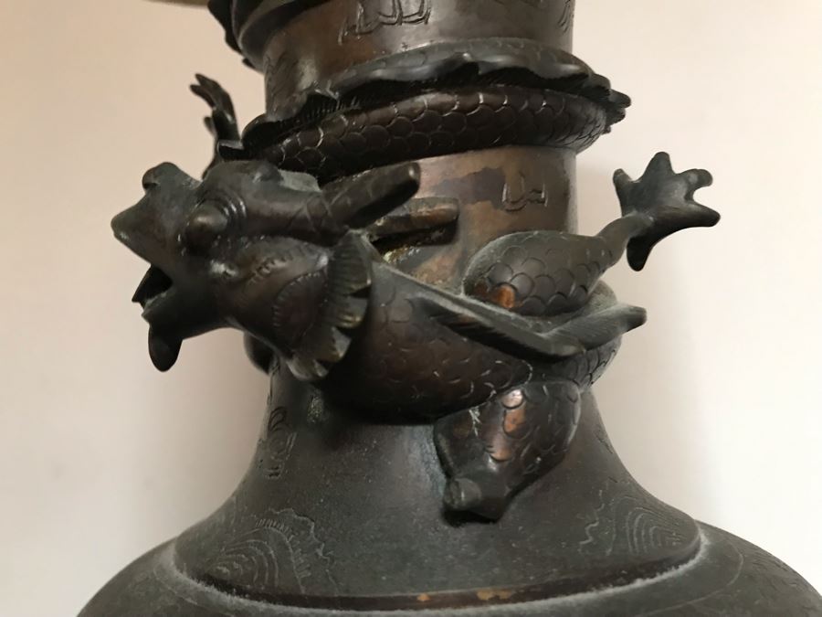 Vintage Bronze Asian Dragon Serpent Vase Lamp - See Photos For Crack / Dent On One Side 24H [Photo 6]
