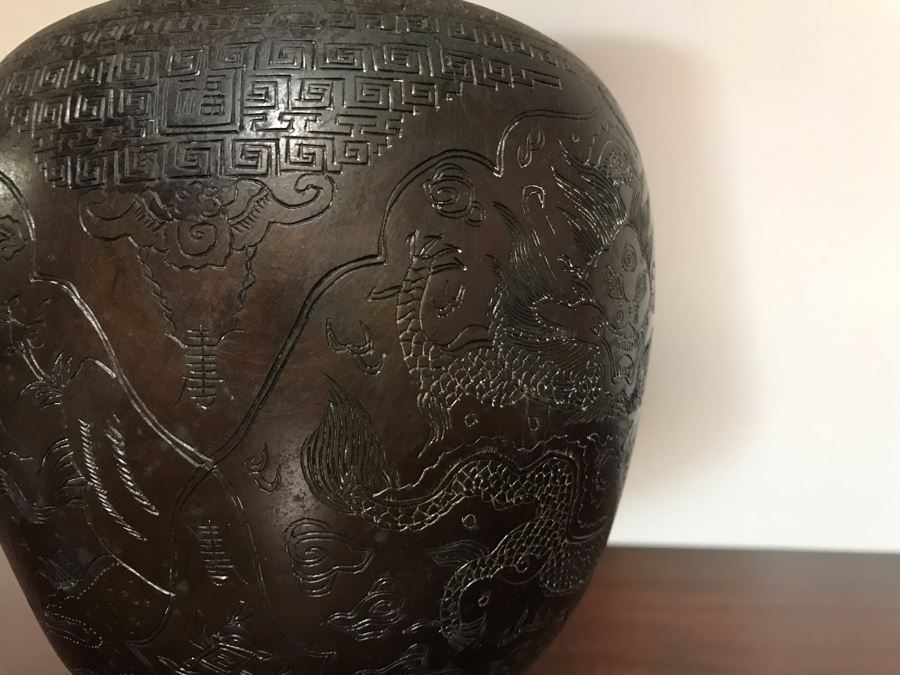 Vintage Bronze Asian Dragon Serpent Vase Lamp - See Photos For Crack / Dent On One Side 24H [Photo 10]