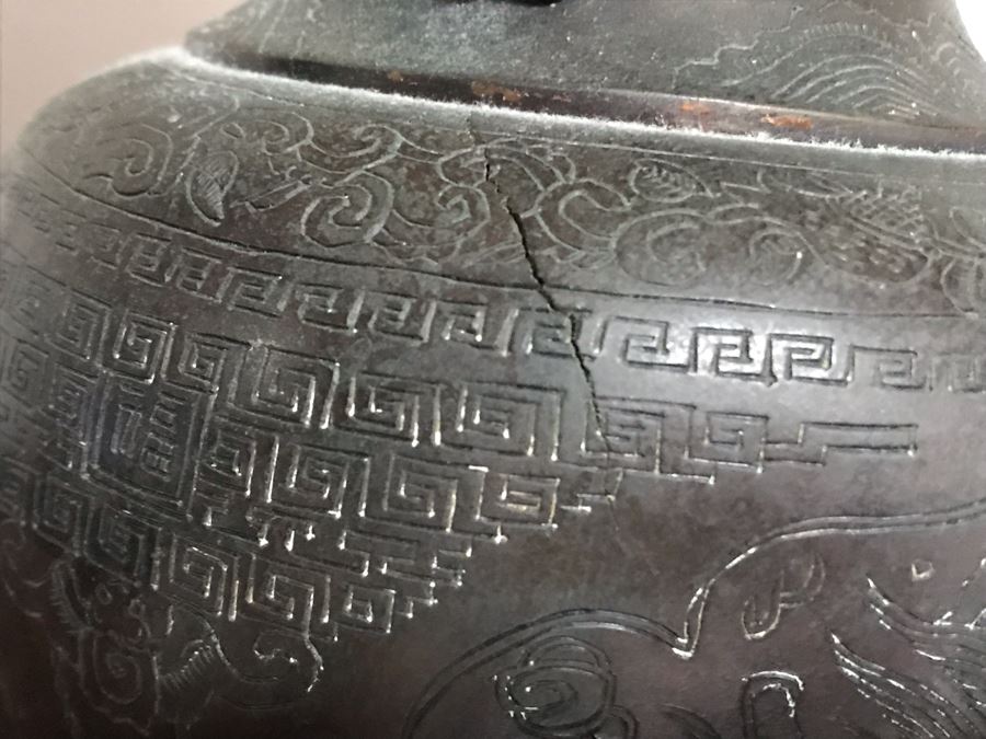 Vintage Bronze Asian Dragon Serpent Vase Lamp - See Photos For Crack / Dent On One Side 24H [Photo 9]