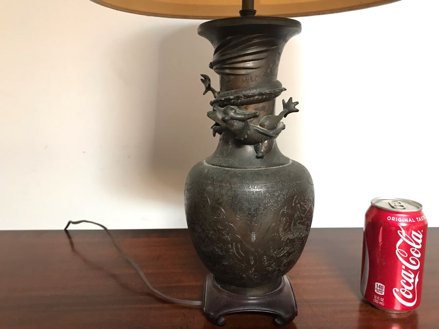 Vintage Bronze Asian Dragon Serpent Vase Lamp - See Photos For Crack / Dent On One Side 24H [Photo 34]