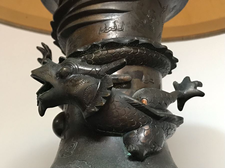 Vintage Bronze Asian Dragon Serpent Vase Lamp - See Photos For Crack / Dent On One Side 24H [Photo 17]
