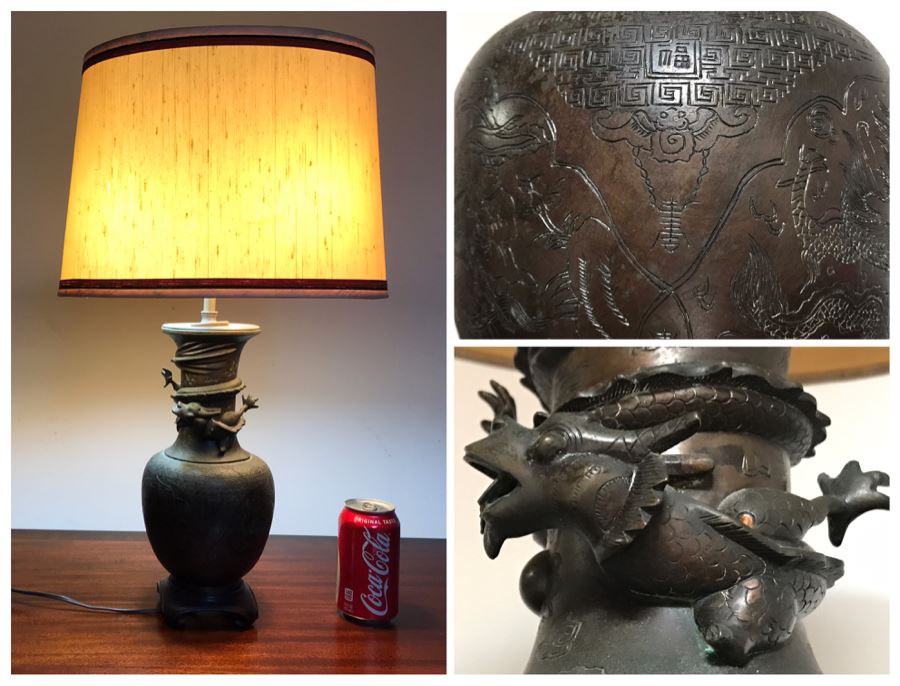 Vintage Bronze Asian Dragon Serpent Vase Lamp - See Photos For Crack / Dent On One Side 24H