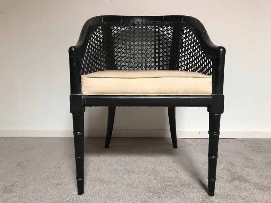 Vintage Hollywood Regency Black Cane Back Armchair Bamboo Motif [Photo 1]