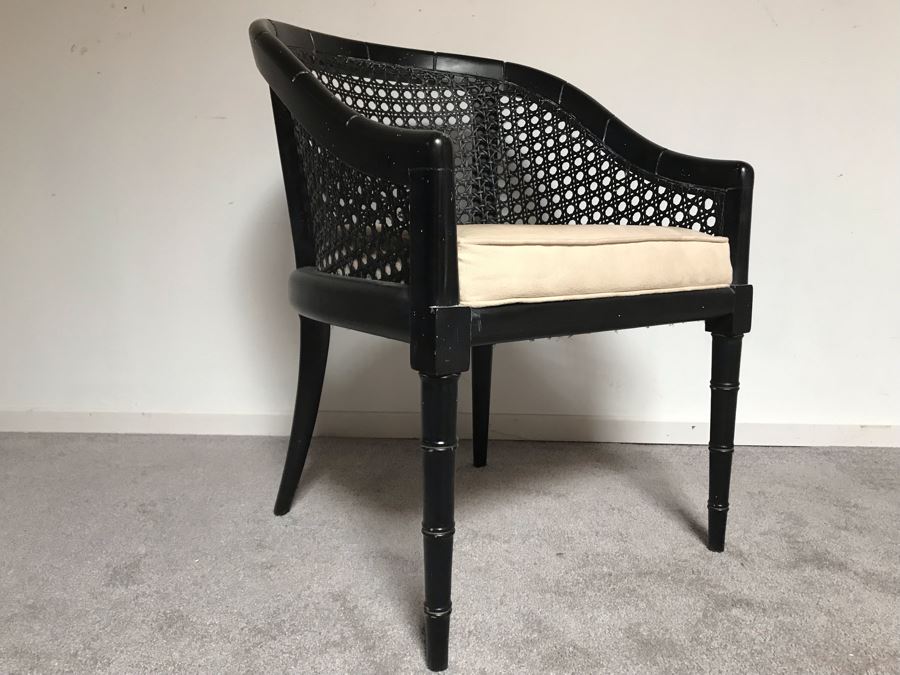 Vintage Hollywood Regency Black Cane Back Armchair Bamboo Motif [Photo 3]
