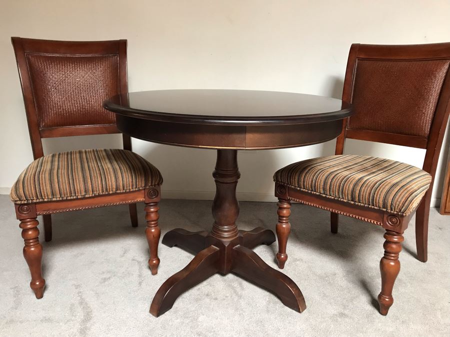 Wooden 3' Round Pedestal Table With Pair Of Chairs [Photo 2]