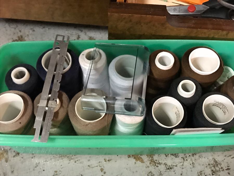 Mega Sewing Lot: Includes Husqvarna Viking Scandinavia 200 Sewing Machine Made In Sweden, Husqvarna Huskylock 560 Sewing Machine, Tons Of Sewing Supplies And Wooden Sewing Cabinet With Motorized Lift 46W X 20D X 32H - See Photos [Photo 12]