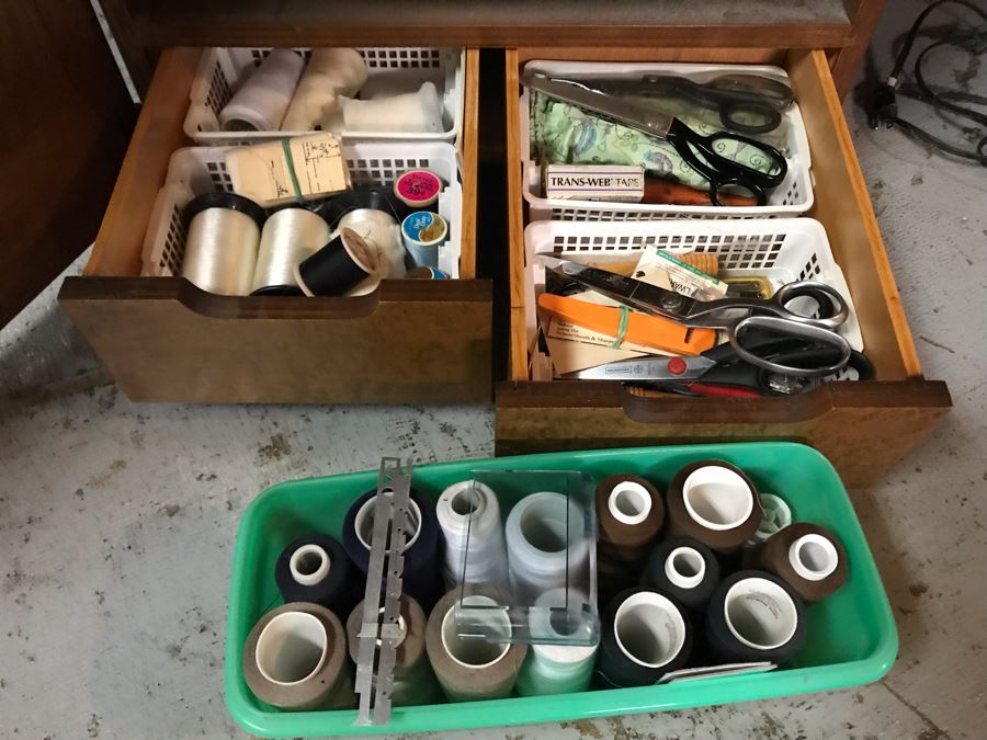 Mega Sewing Lot: Includes Husqvarna Viking Scandinavia 200 Sewing Machine Made In Sweden, Husqvarna Huskylock 560 Sewing Machine, Tons Of Sewing Supplies And Wooden Sewing Cabinet With Motorized Lift 46W X 20D X 32H - See Photos [Photo 7]