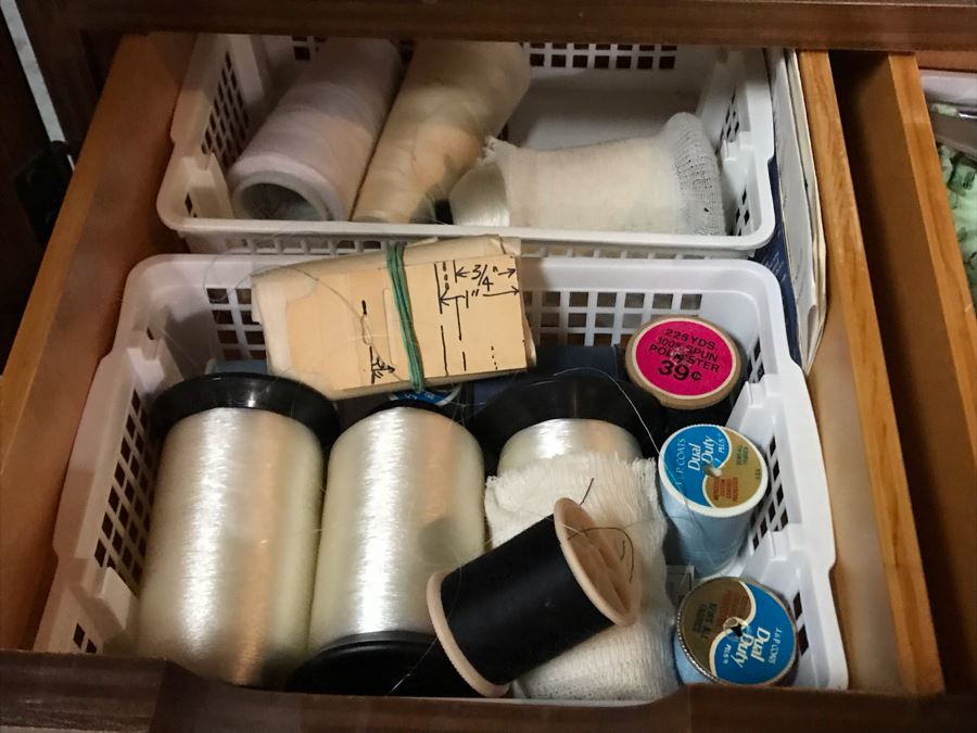 Mega Sewing Lot: Includes Husqvarna Viking Scandinavia 200 Sewing Machine Made In Sweden, Husqvarna Huskylock 560 Sewing Machine, Tons Of Sewing Supplies And Wooden Sewing Cabinet With Motorized Lift 46W X 20D X 32H - See Photos [Photo 11]