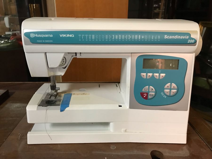 Mega Sewing Lot: Includes Husqvarna Viking Scandinavia 200 Sewing Machine Made In Sweden, Husqvarna Huskylock 560 Sewing Machine, Tons Of Sewing Supplies And Wooden Sewing Cabinet With Motorized Lift 46W X 20D X 32H - See Photos [Photo 19]