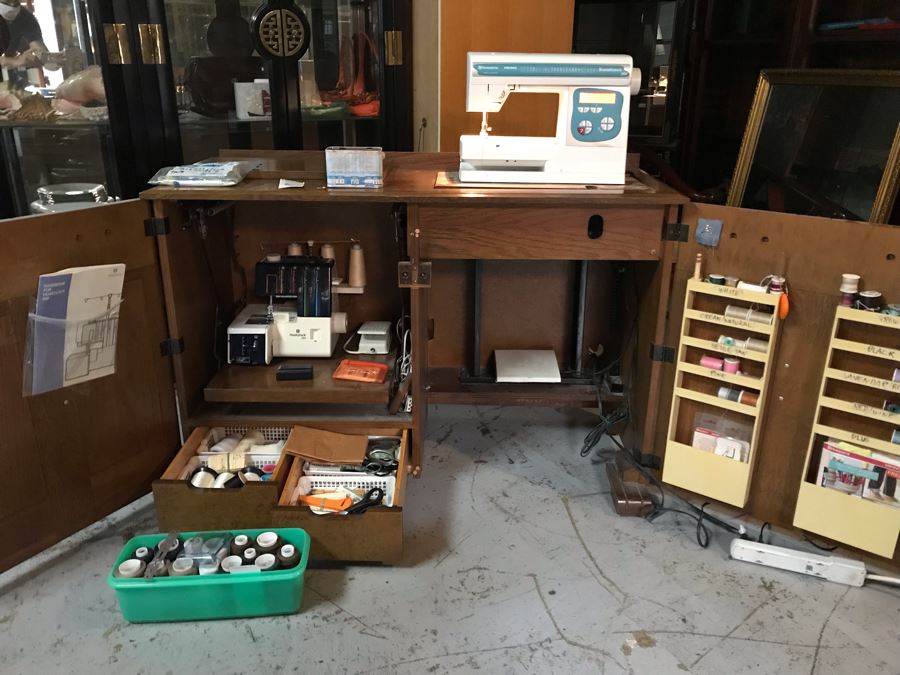 Mega Sewing Lot: Includes Husqvarna Viking Scandinavia 200 Sewing Machine Made In Sweden, Husqvarna Huskylock 560 Sewing Machine, Tons Of Sewing Supplies And Wooden Sewing Cabinet With Motorized Lift 46W X 20D X 32H - See Photos [Photo 25]