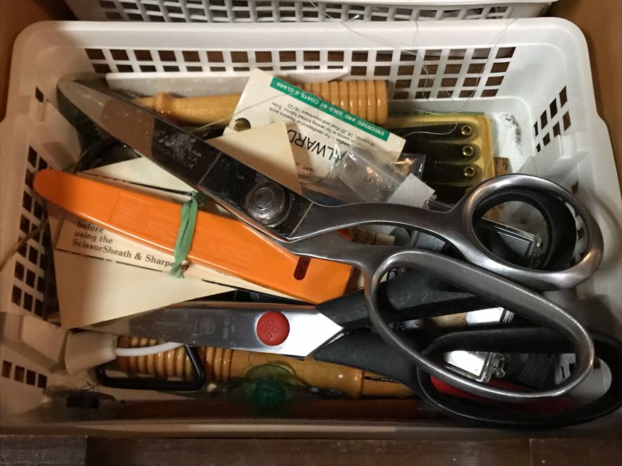 Mega Sewing Lot: Includes Husqvarna Viking Scandinavia 200 Sewing Machine Made In Sweden, Husqvarna Huskylock 560 Sewing Machine, Tons Of Sewing Supplies And Wooden Sewing Cabinet With Motorized Lift 46W X 20D X 32H - See Photos [Photo 9]