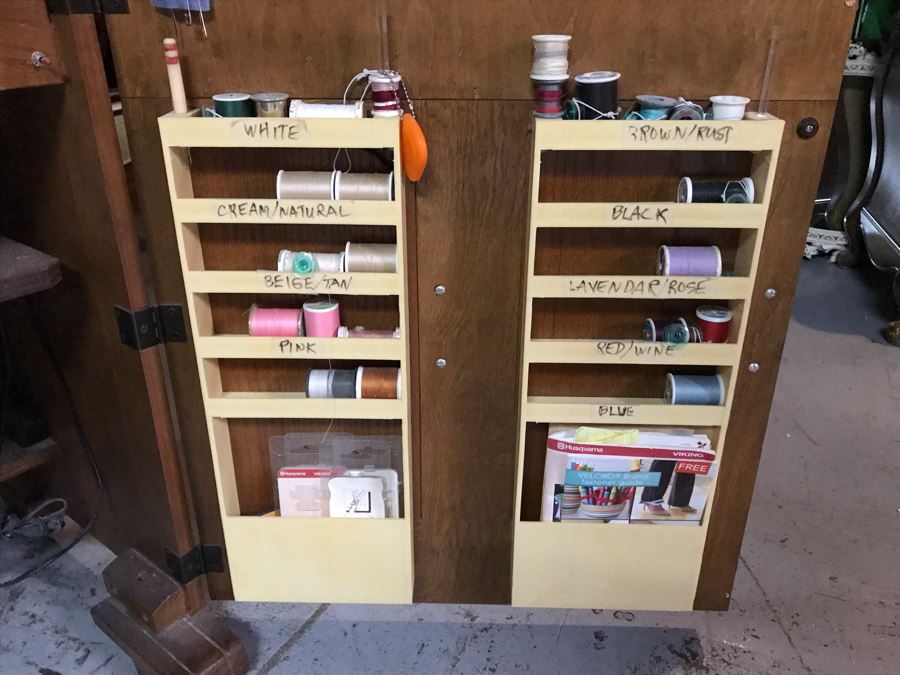 Mega Sewing Lot: Includes Husqvarna Viking Scandinavia 200 Sewing Machine Made In Sweden, Husqvarna Huskylock 560 Sewing Machine, Tons Of Sewing Supplies And Wooden Sewing Cabinet With Motorized Lift 46W X 20D X 32H - See Photos [Photo 13]