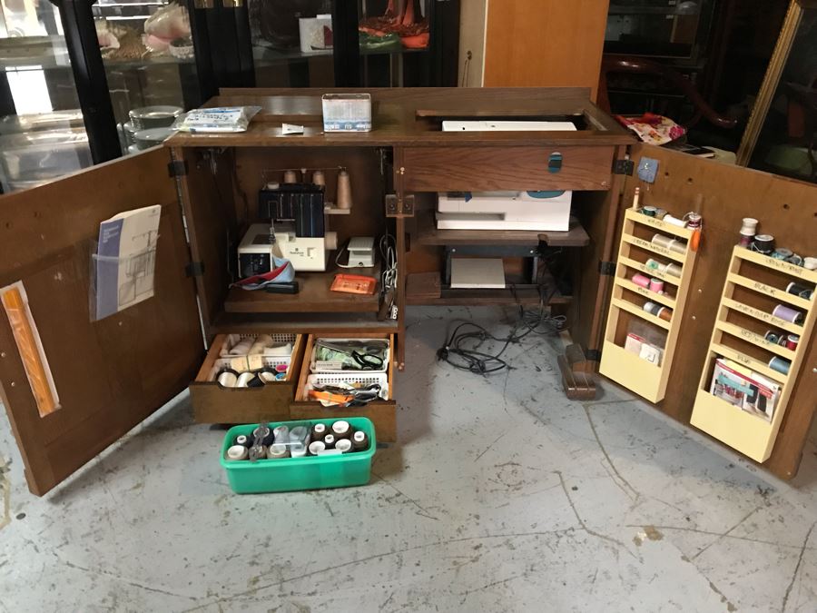 Mega Sewing Lot: Includes Husqvarna Viking Scandinavia 200 Sewing Machine Made In Sweden, Husqvarna Huskylock 560 Sewing Machine, Tons Of Sewing Supplies And Wooden Sewing Cabinet With Motorized Lift 46W X 20D X 32H - See Photos [Photo 4]