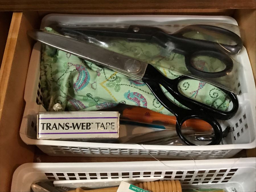 Mega Sewing Lot: Includes Husqvarna Viking Scandinavia 200 Sewing Machine Made In Sweden, Husqvarna Huskylock 560 Sewing Machine, Tons Of Sewing Supplies And Wooden Sewing Cabinet With Motorized Lift 46W X 20D X 32H - See Photos [Photo 10]