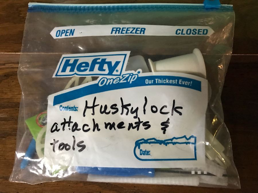 Mega Sewing Lot: Includes Husqvarna Viking Scandinavia 200 Sewing Machine Made In Sweden, Husqvarna Huskylock 560 Sewing Machine, Tons Of Sewing Supplies And Wooden Sewing Cabinet With Motorized Lift 46W X 20D X 32H - See Photos [Photo 29]