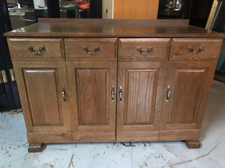 Mega Sewing Lot: Includes Husqvarna Viking Scandinavia 200 Sewing Machine Made In Sweden, Husqvarna Huskylock 560 Sewing Machine, Tons Of Sewing Supplies And Wooden Sewing Cabinet With Motorized Lift 46W X 20D X 32H - See Photos [Photo 2]