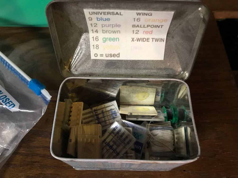 Mega Sewing Lot: Includes Husqvarna Viking Scandinavia 200 Sewing Machine Made In Sweden, Husqvarna Huskylock 560 Sewing Machine, Tons Of Sewing Supplies And Wooden Sewing Cabinet With Motorized Lift 46W X 20D X 32H - See Photos [Photo 31]