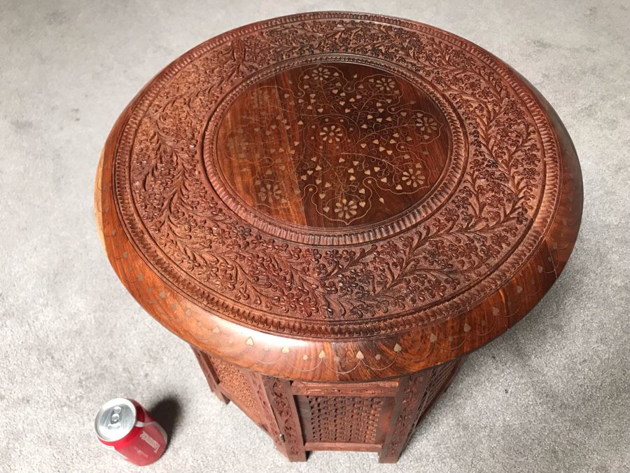 Stunning Carved Wooden Table From India With Brass Inlay Work On Top ...