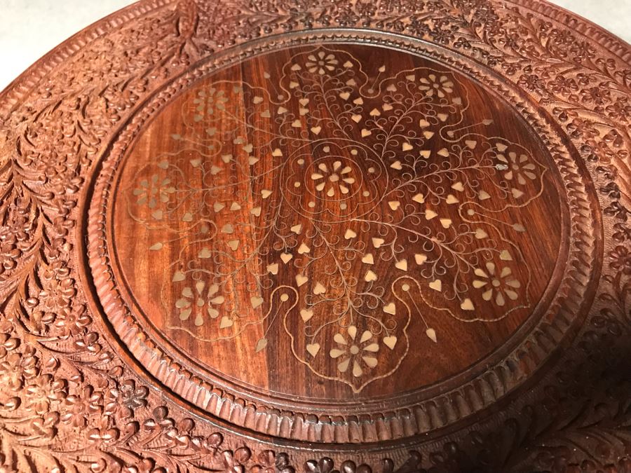 Stunning Carved Wooden Table From India With Brass Inlay Work On Top 