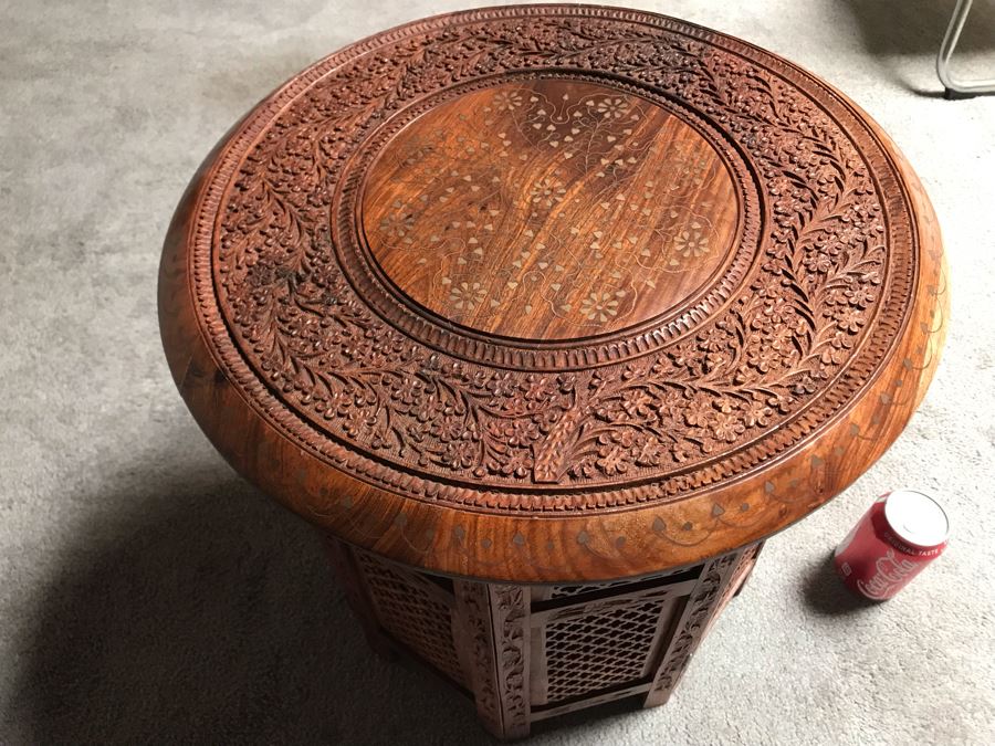 Stunning Carved Wooden Table From India With Brass Inlay Work On Top 18W X 18H [Photo 5]