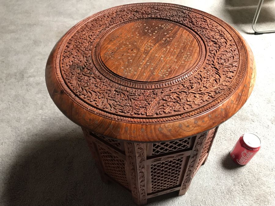 Stunning Carved Wooden Table From India With Brass Inlay Work On Top ...