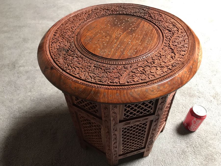 Stunning Carved Wooden Table From India With Brass Inlay Work On Top 18W X 18H [Photo 1]