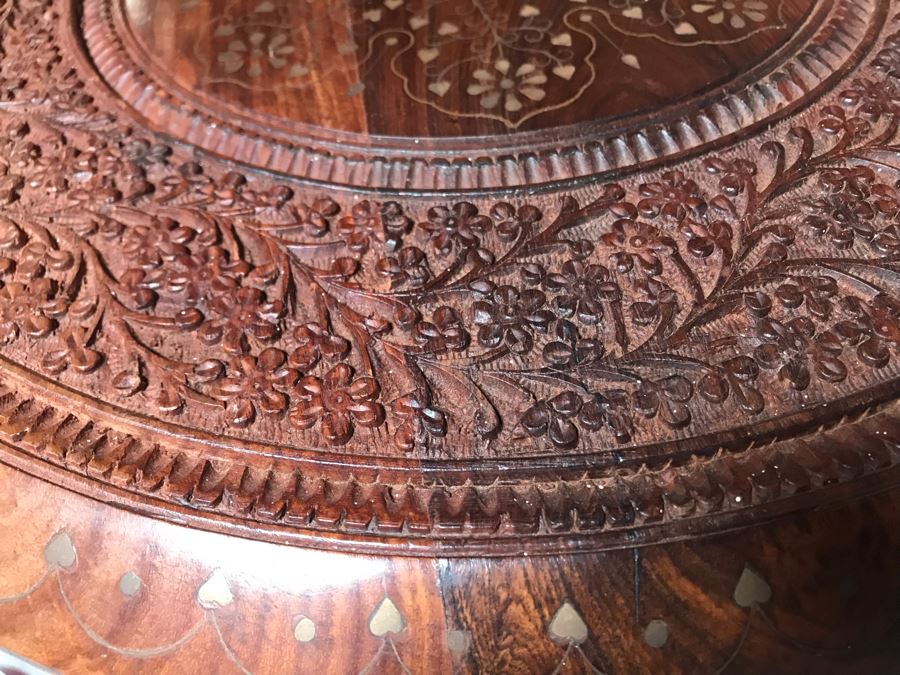 Stunning Carved Wooden Table From India With Brass Inlay Work On Top ...