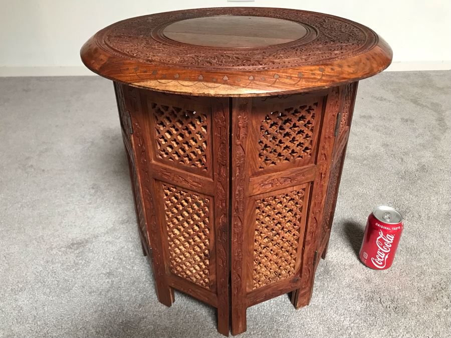 Stunning Carved Wooden Table From India With Brass Inlay Work On Top 18W X 18H [Photo 4]