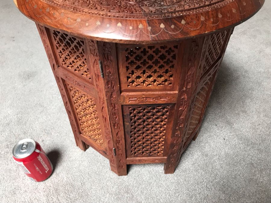 Stunning Carved Wooden Table From India With Brass Inlay Work On Top 18W X 18H [Photo 11]