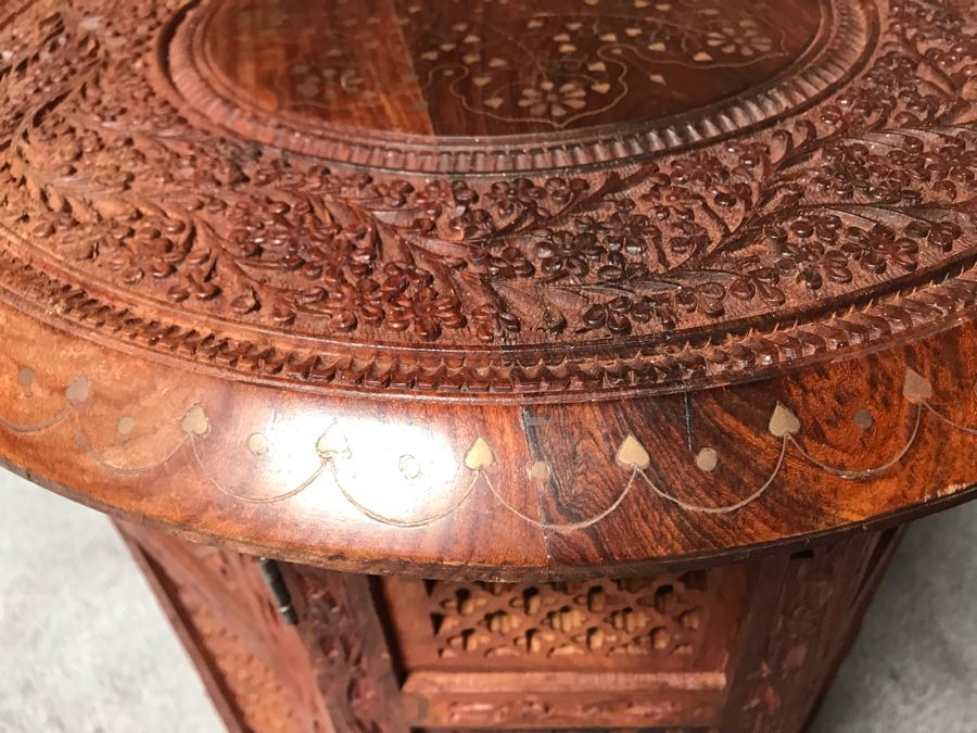 Stunning Carved Wooden Table From India With Brass Inlay Work On Top