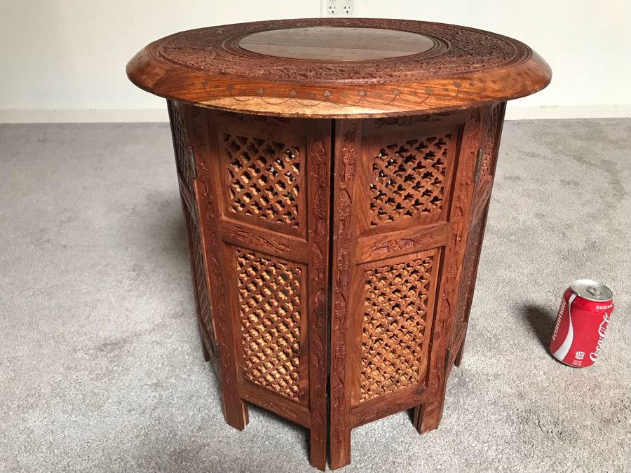 Stunning Carved Wooden Table From India With Brass Inlay Work On Top 18W X 18H [Photo 3]