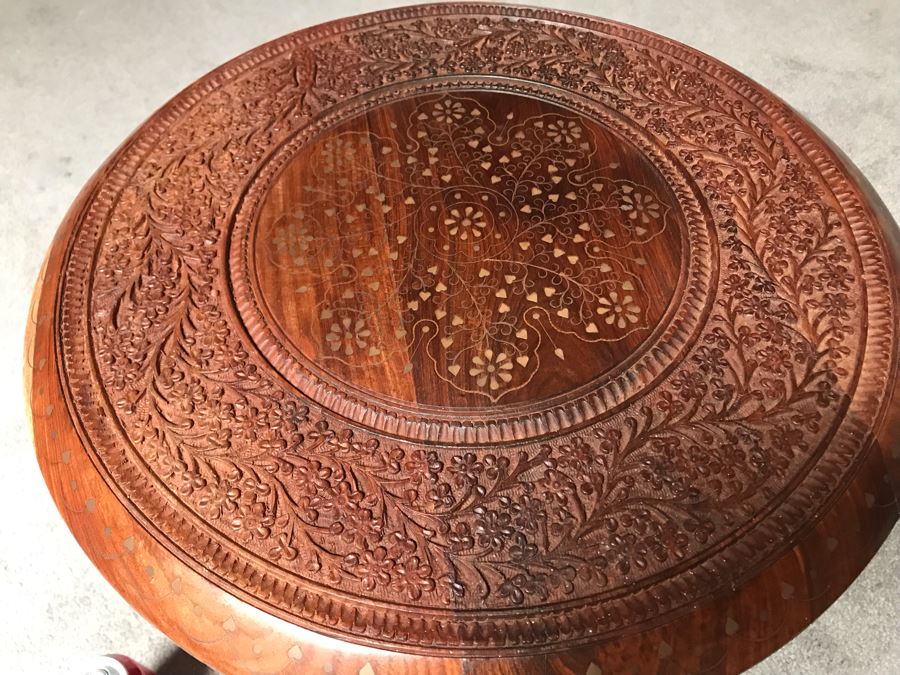 Stunning Carved Wooden Table From India With Brass Inlay Work On Top ...